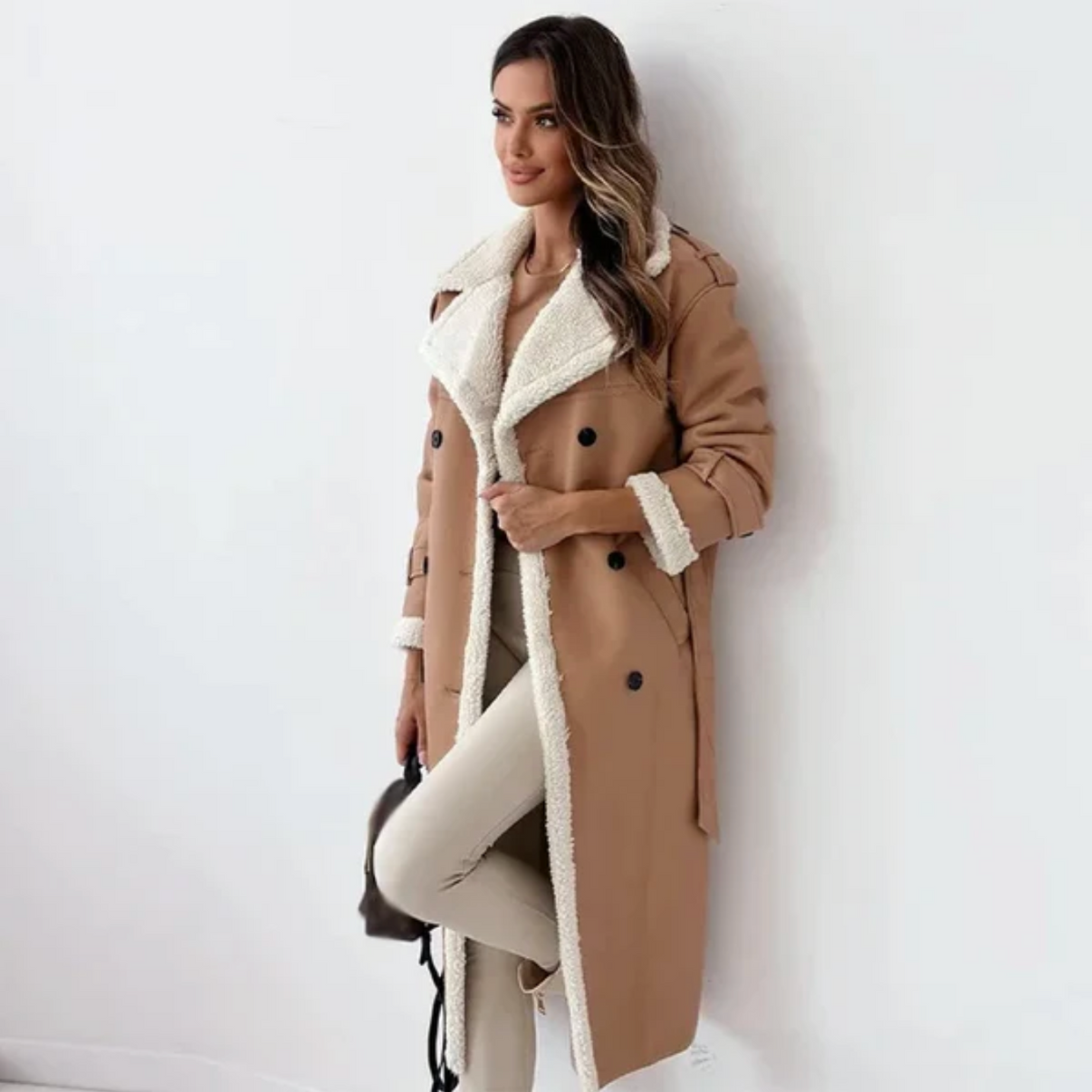 Krohn-e | Warme Lange Teddy Damenjacke mit Gürtel