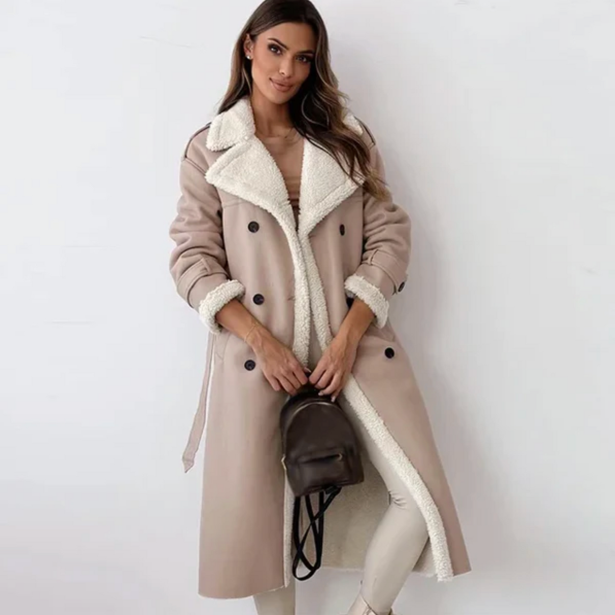 Krohn-e | Warme Lange Teddy Damenjacke mit Gürtel