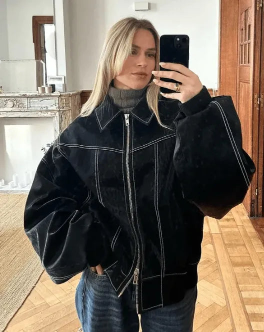 Krohn-e | Lederjacke Lässig und Cool Schwarz Ideal für Frühling, Herbst und Winter