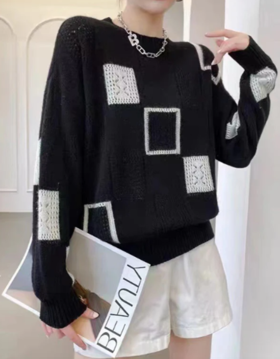 KROHN-E Damen Strickpullover Patchwork Design Langarm warm Winter