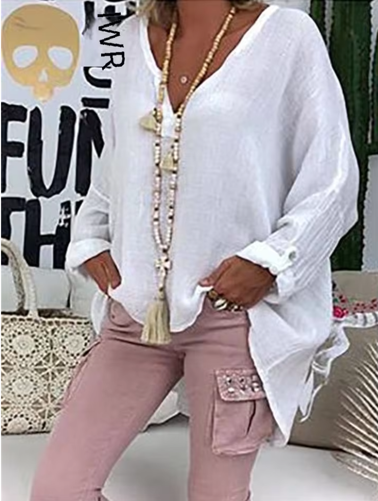 Lena | Damen Bluse Oversized V-Ausschnitt Langarm
