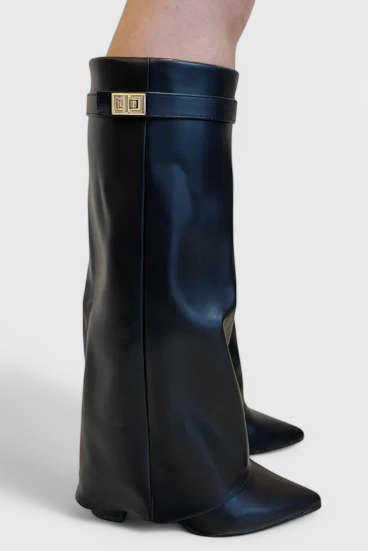 KROHN-E Damen Elegante Alltagsstiefel Schwarz Glattleder Schlank