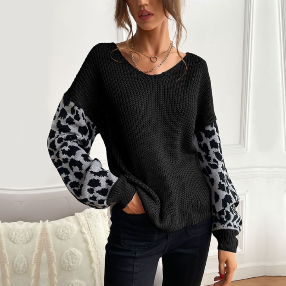 Krohn-e | Leopardenmuster Pullover Waffelstrick Textur Statement Stil