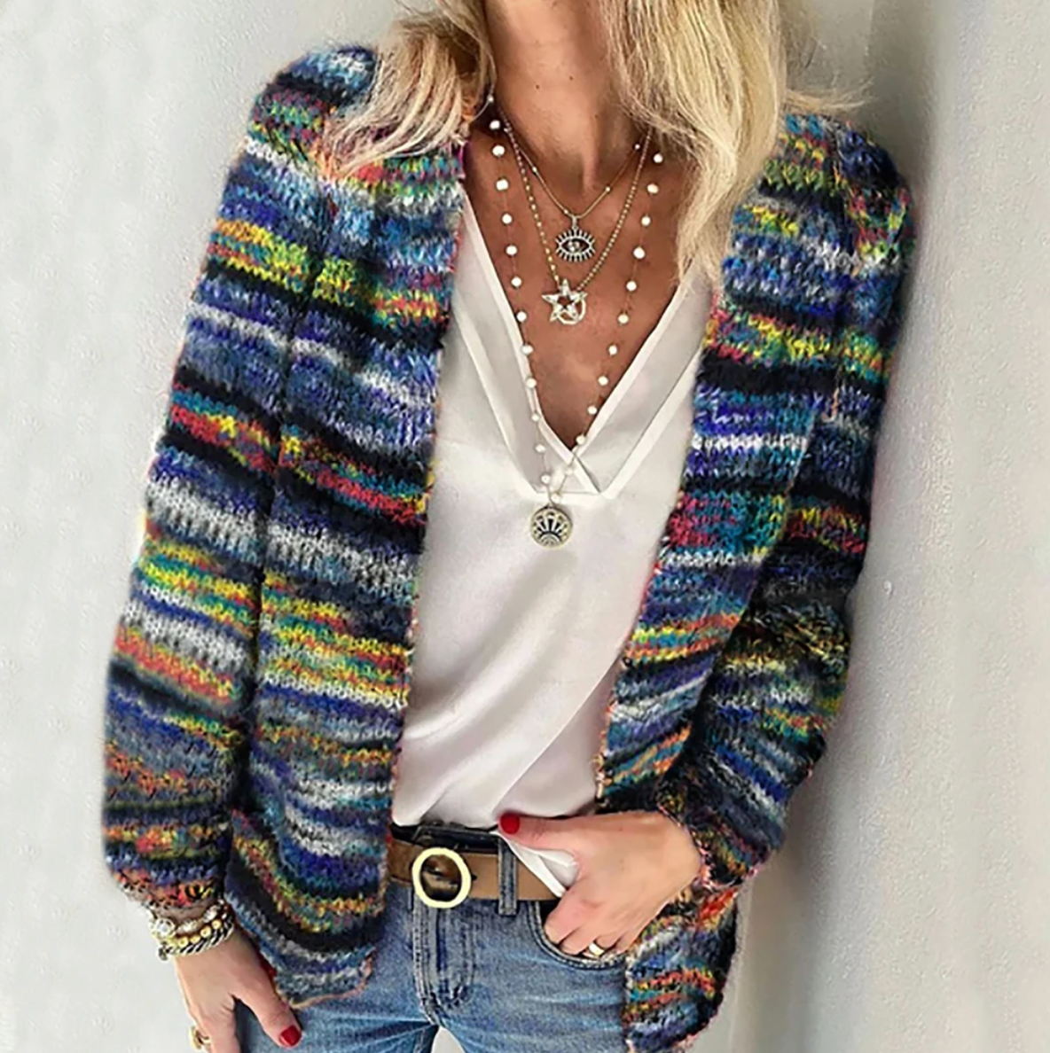 KROHN-E Damen Cardigan Mehrfarbig Offener Schnitt Langarm Herbst