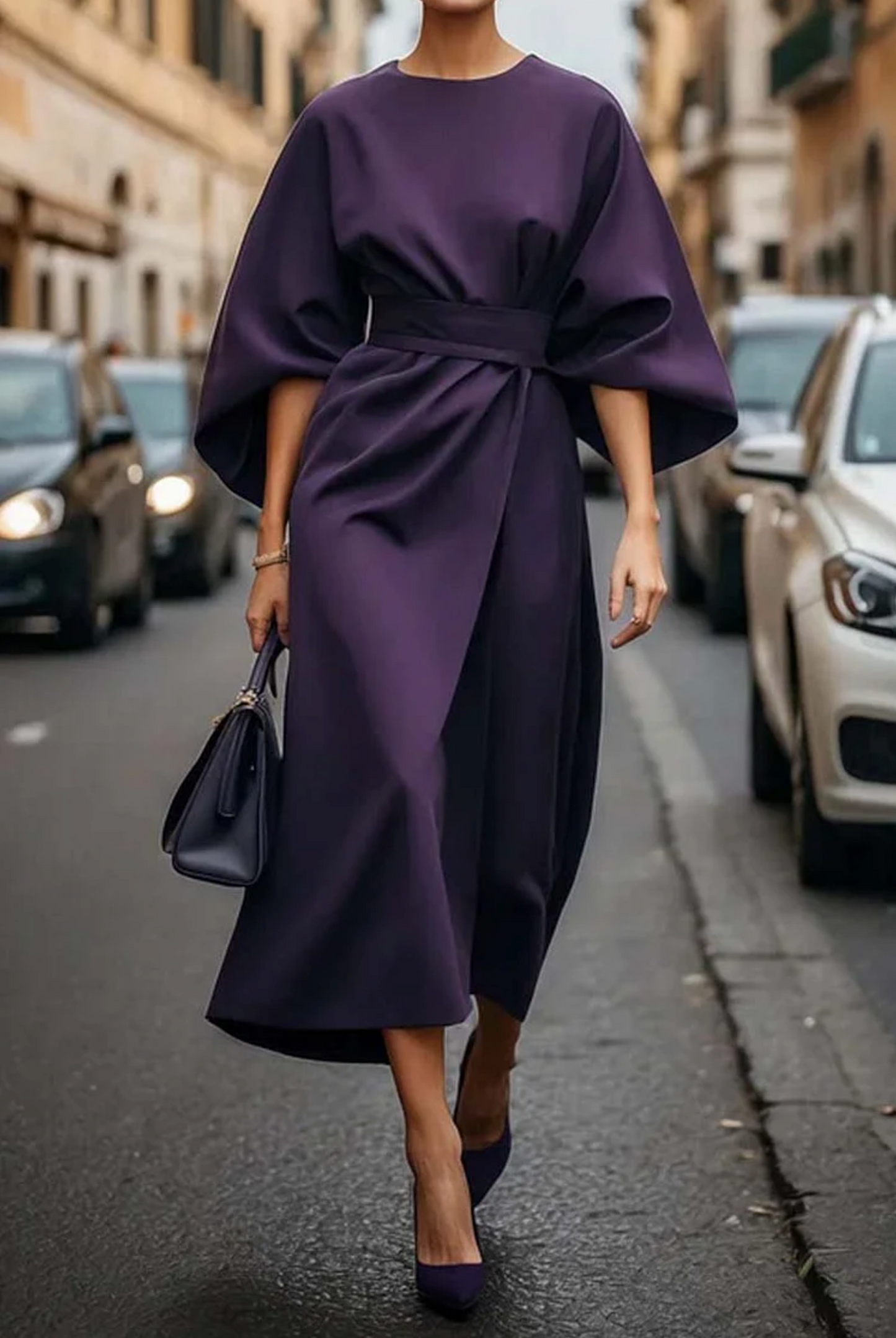 Aurelia | Damen Maxi-Kleid Fledermausärmel Taillengürtel Terrakotta