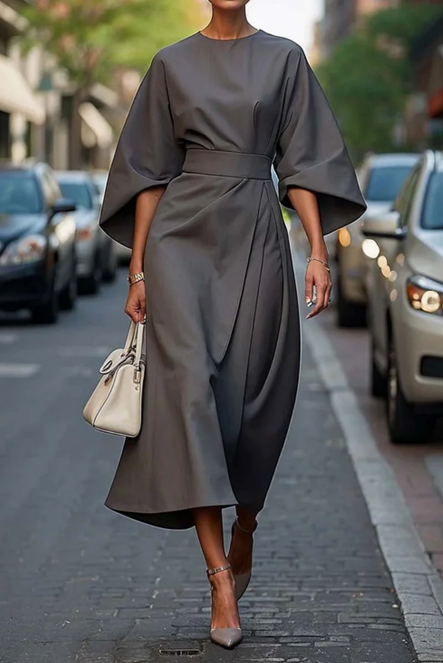 Aurelia | Damen Maxi-Kleid Fledermausärmel Taillengürtel Terrakotta