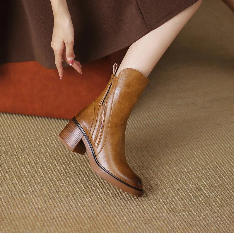 Krohn-e | Damenstiefelette Aus Echtem Leder mit Blockabsatz