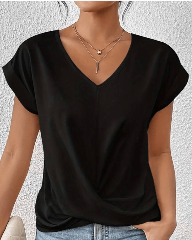KROHN-E Damen V-Ausschnitt Shirt Twist-Detail Entspannte Passform Grün