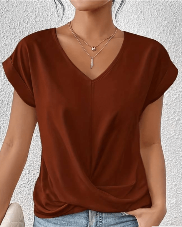KROHN-E Damen V-Ausschnitt Shirt Twist-Detail Entspannte Passform Grün