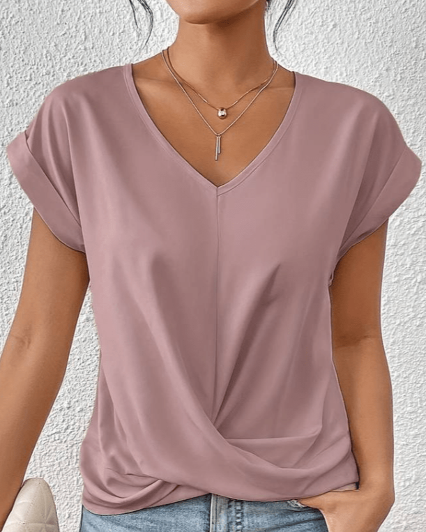 KROHN-E Damen V-Ausschnitt Shirt Twist-Detail Entspannte Passform Grün