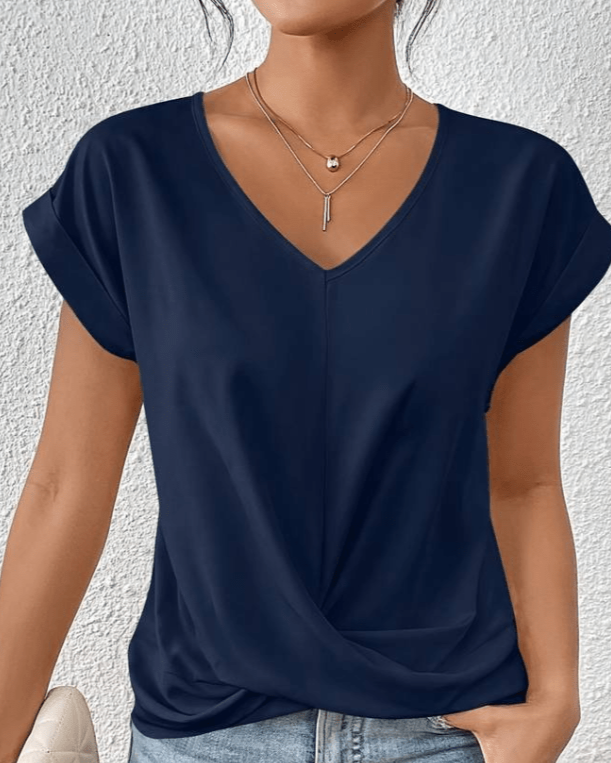 KROHN-E Damen V-Ausschnitt Shirt Twist-Detail Entspannte Passform Grün