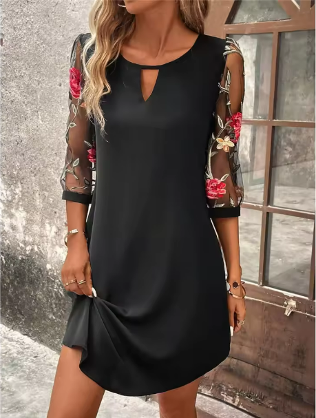KROHN-E Damen V-Ausschnitt Kleid Blumenmuster Langarm Elegant