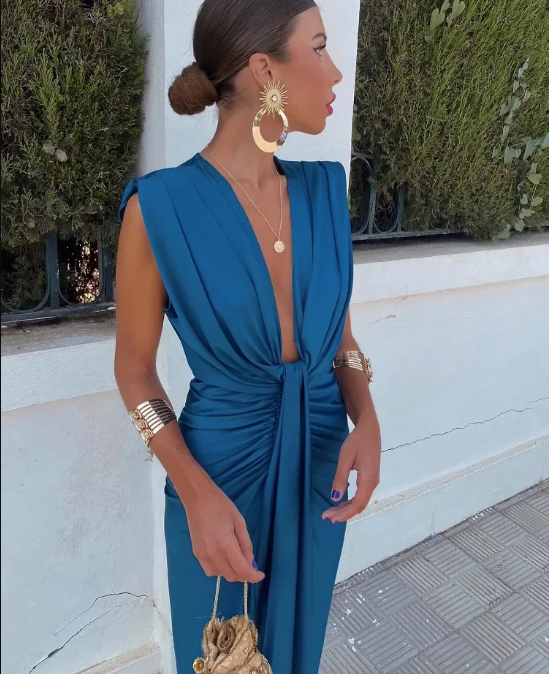 KROHN-E Damen Midi-Kleid Plissiert Weicher Stoff Elegant