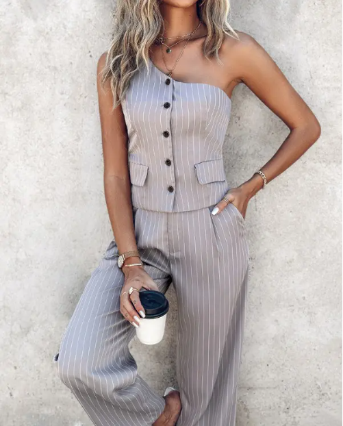 Blazer met één schouder en bijpassende gestreepte pantalon