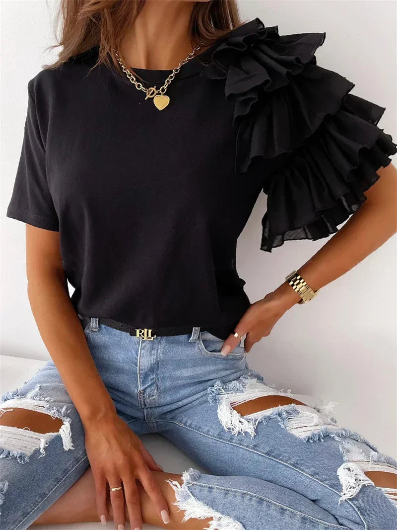 KROHN-E Damen Top Rüschenärmel Asymmetrisch Statement