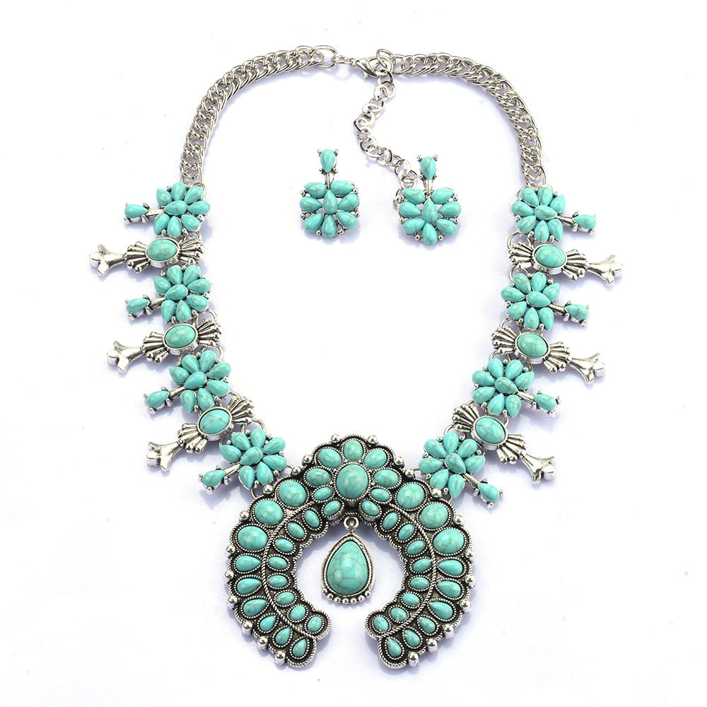 KROHN-E Damen Halsketten-Set Türkis Blumenmuster