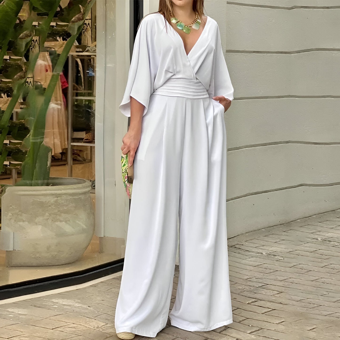 Elegant Jumpsuit, Felicity: Wide-Leg, Solid Color, Batwing Sleeves