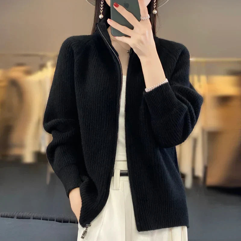 Frauen Strickjacke mit Reißverschluss und gerippter Struktur