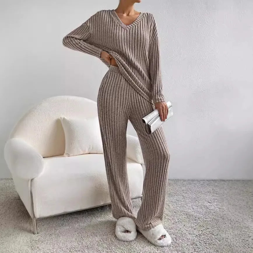 KROHN-E Damen Strick Zweiteiler Set Entspannt Beige Loungewear