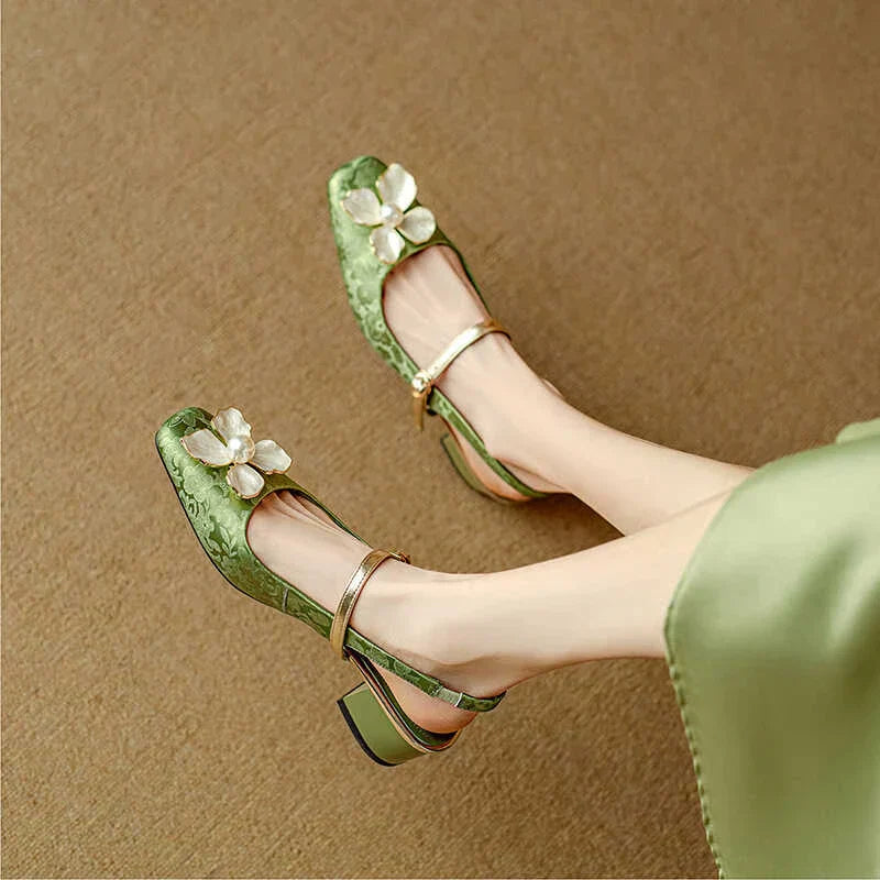 KROHN-E Damen Pumps Blumenmuster Blockabsatz Jacquard-Riemen