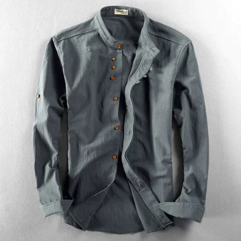 Leichtes, atmungsaktives Baumwoll-Langarmshirt von Fudus mit Mandarinkragen, Knöpfen, lässigem & semi-formellem Stil