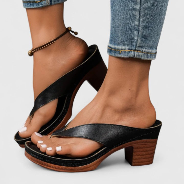 KROHN-E Damen Block-Heel Zehentrenner Plateau Schwarz