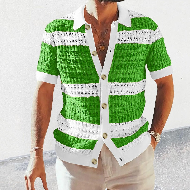 Kurzärmliges, gestricktes Fudus-Shirt mit Häkelmuster, Knopfverschluss und atmungsaktiver Freizeit-Qualität