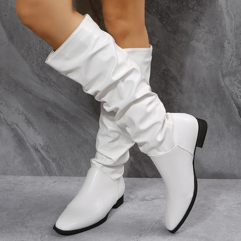 Krohn-e | Knielange Punk-Stil Falten Pu-Leder Stiefel