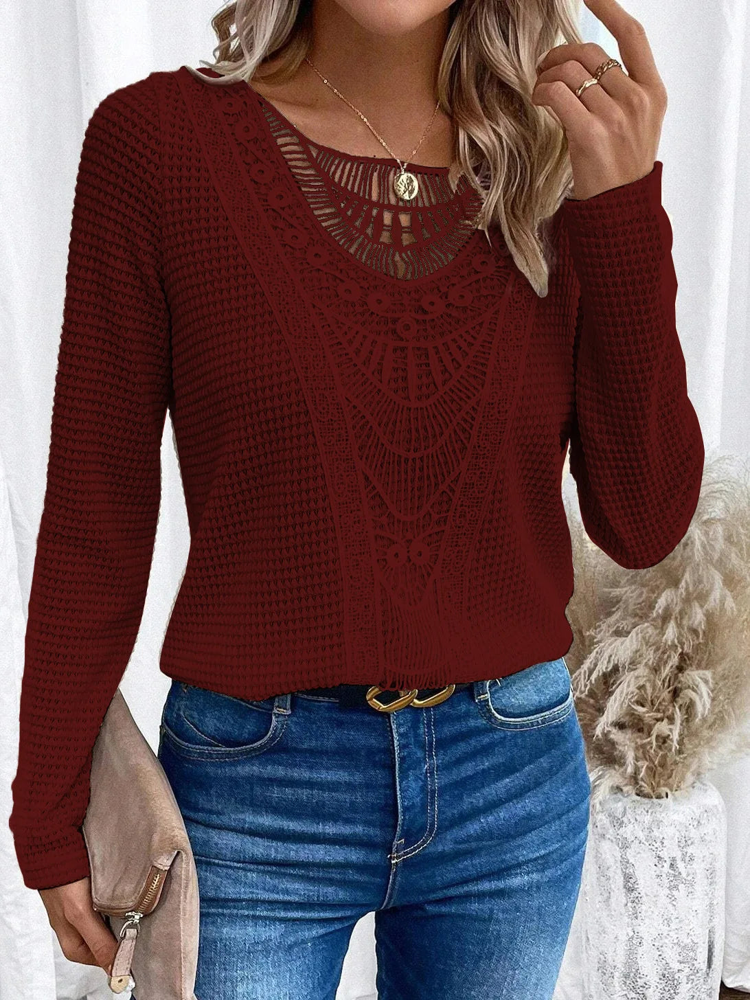 KROHN-E Damen Strickpullover Langarm Klassisch Zeitlos Beige