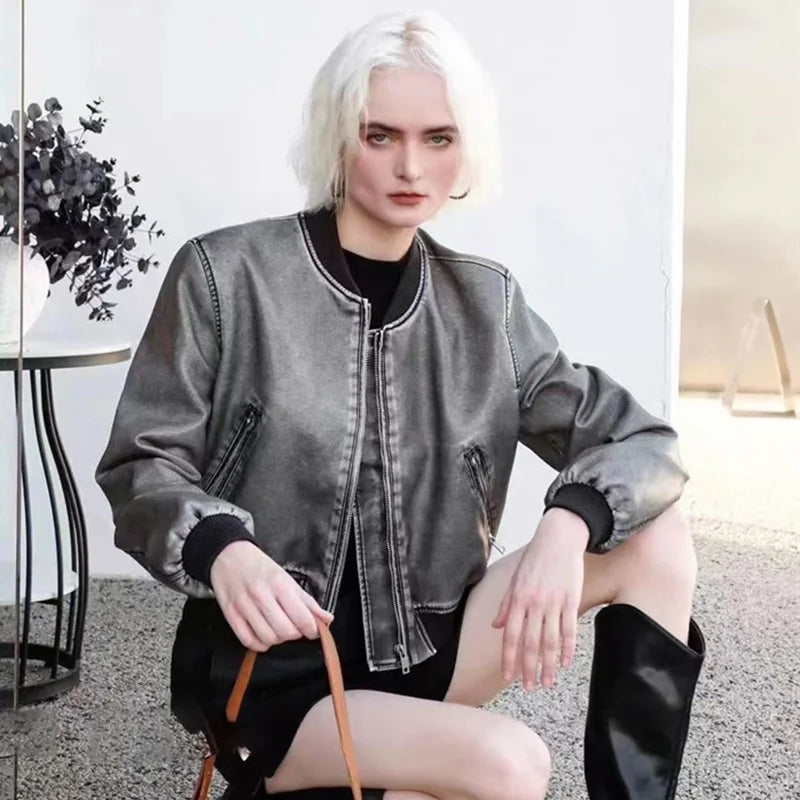 Avelena Kunstleder Bomberjacke mit gerippten Ärmelbündchen