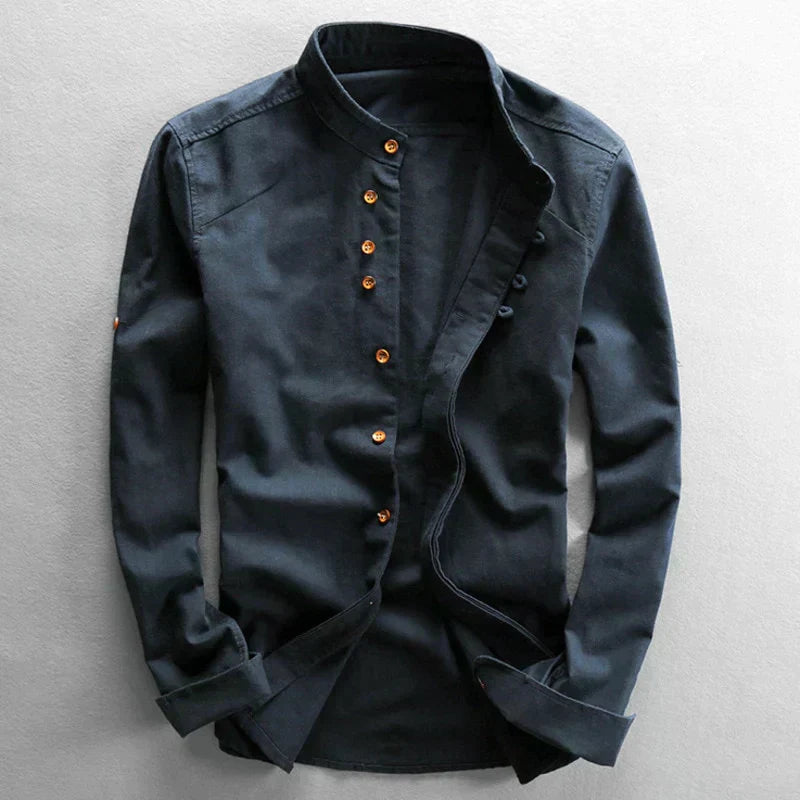 Leichtes, atmungsaktives Baumwoll-Langarmshirt von Fudus mit Mandarinkragen, Knöpfen, lässigem & semi-formellem Stil