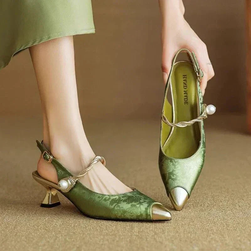 KROHN-E Damen Slingback Pumps Kitten Heel Perlen Gold