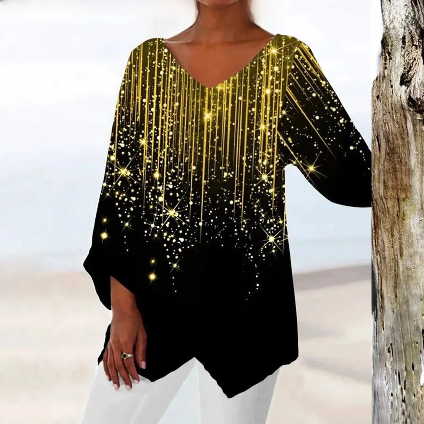 Fudus Elegantes Vintage Oberteil mit V-Ausschnitt und schönem Druck