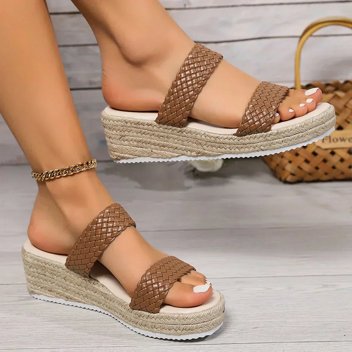 KROHN-E Damen Plateau-Sandalen geflochten mit Polsterung