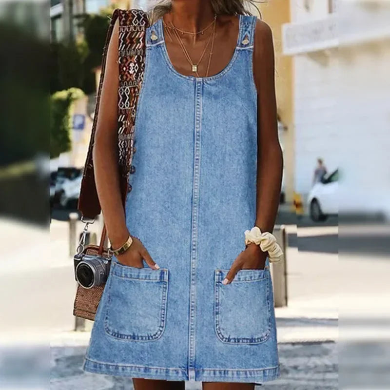 KROHN-E Damen Sommerkleid Ärmellos Jeans Taschen