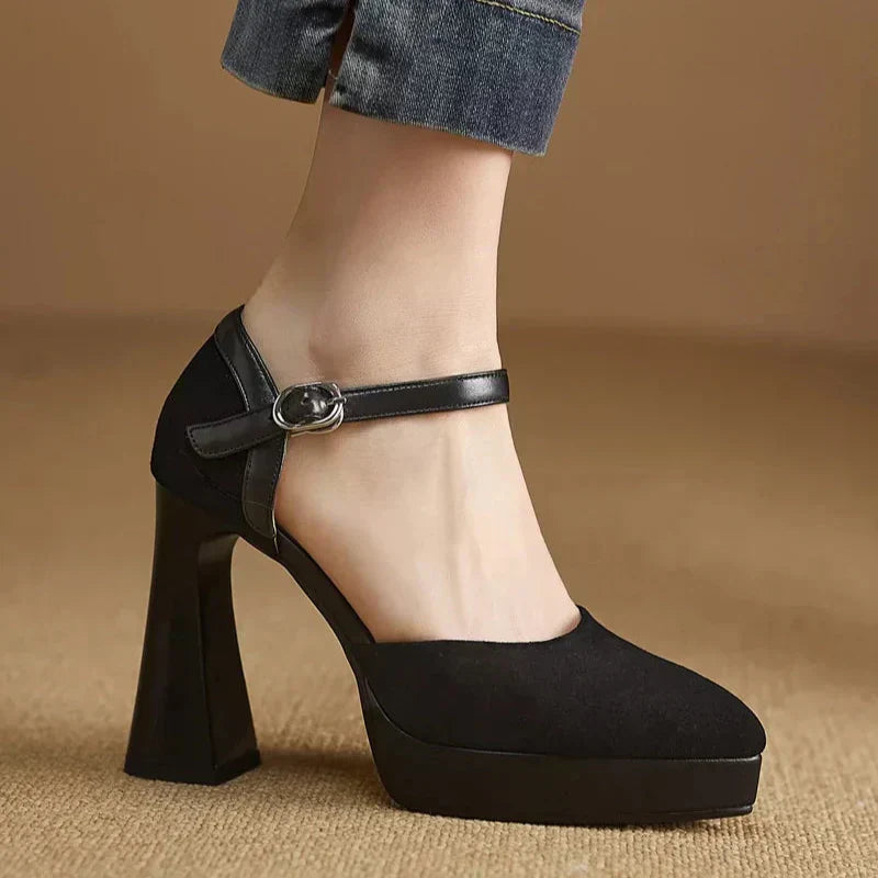 KROHN-E Damen Plateau Pumps Blockabsatz Knöchelriemen Textil Schwarz