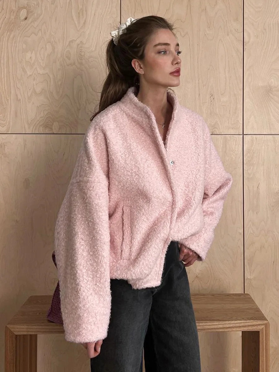 Damen-Pelzjacke Arvid: lässig, rosa, mit Stehkragen