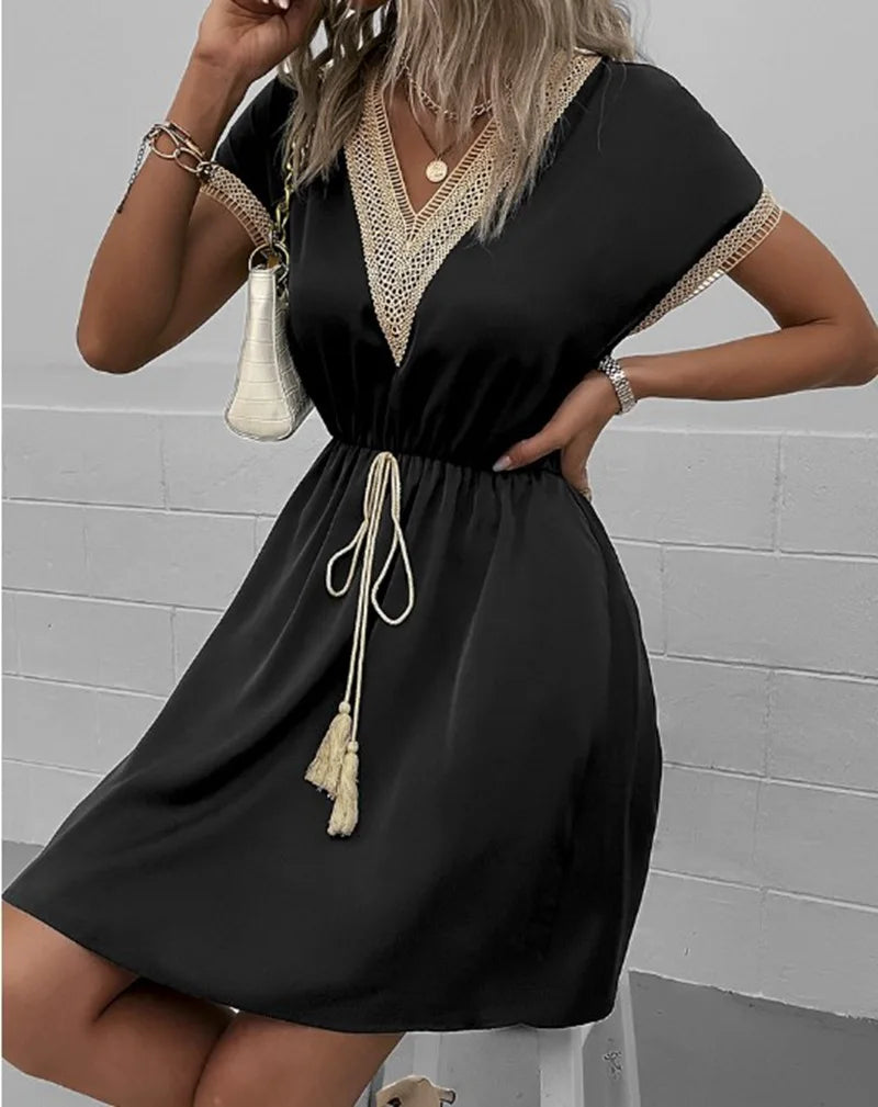 KROHN-E Damen Boho-Kleid V-Ausschnitt Fließend Casual