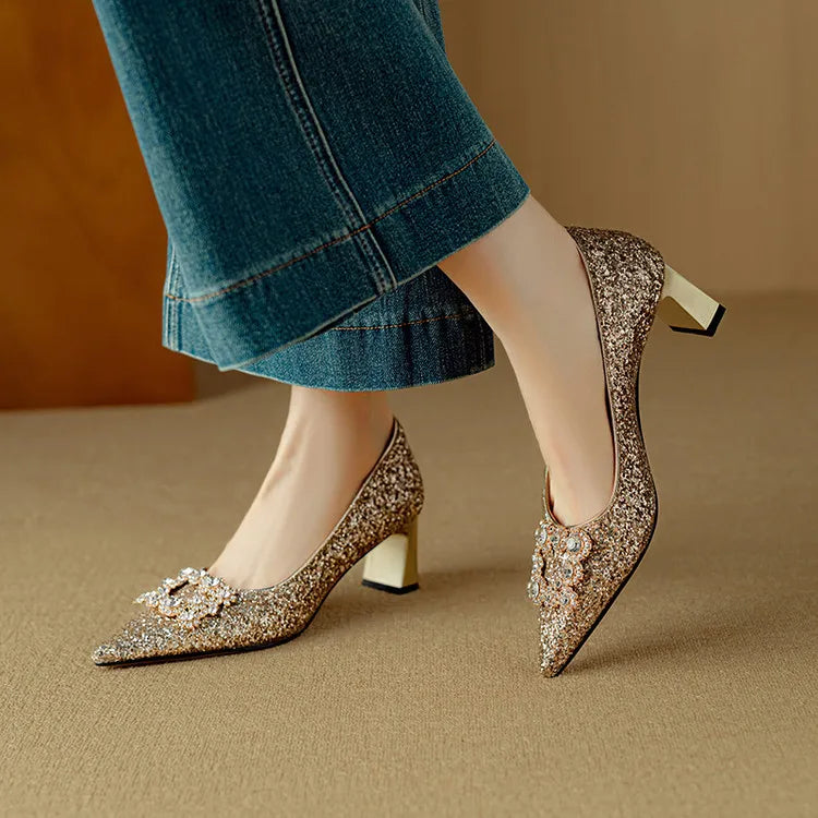 KROHN-E Damen Glitzer Pumps Blockabsatz Spitz Silber