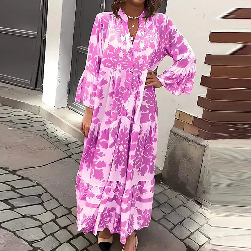 KROHN-E Damen Boho Maxikleid fließend bedruckt Muster lange Ärmel
