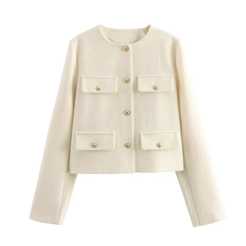 Krohn-e | Elegante Bouclé-jacke Goldknöpfe und Taschen Klassischer Stil