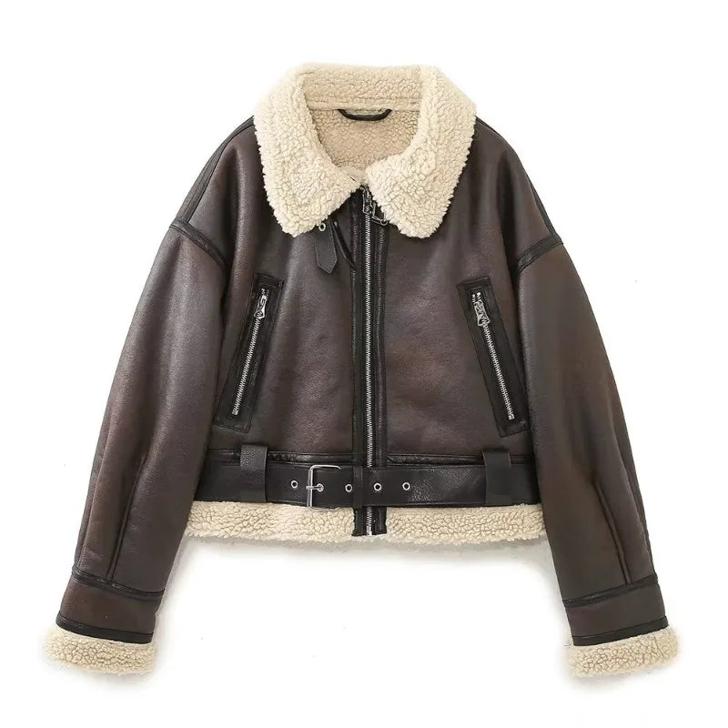 Damen Shearling Jacke mit Gürtel von Lunithra
