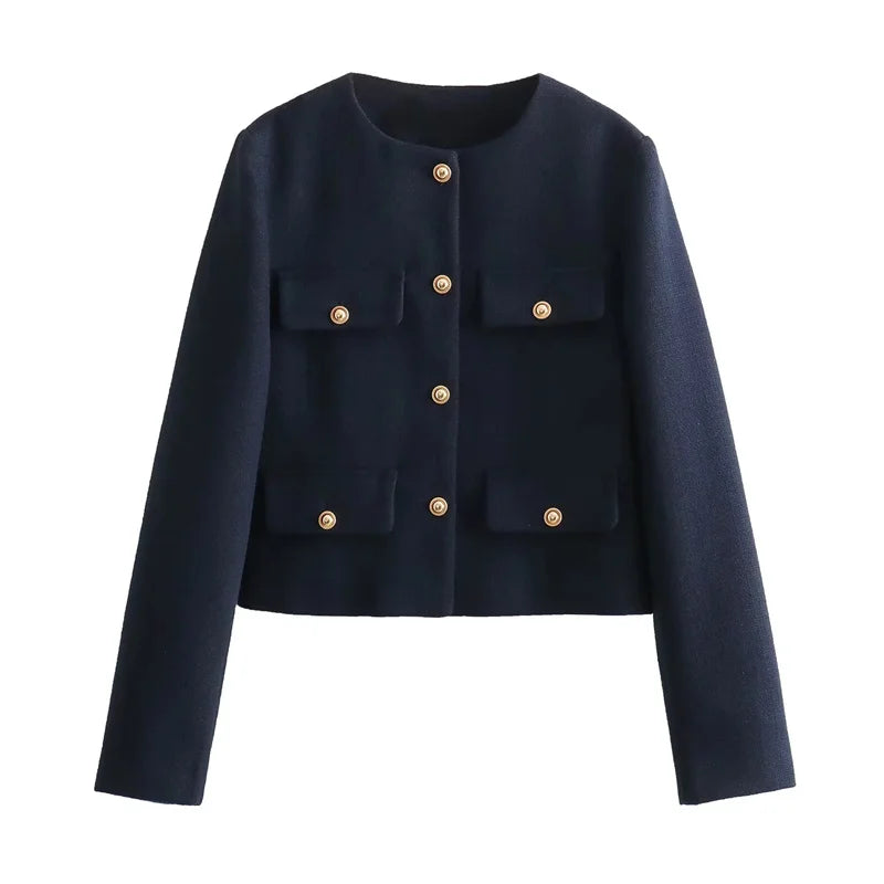 Krohn-e | Elegante Bouclé-jacke Goldknöpfe und Taschen Klassischer Stil