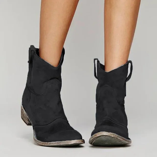 Krohn-e | Stiefeletten Wildleder Niedriger Absatz Weinlese Stil Westernzehe Zuglaschen