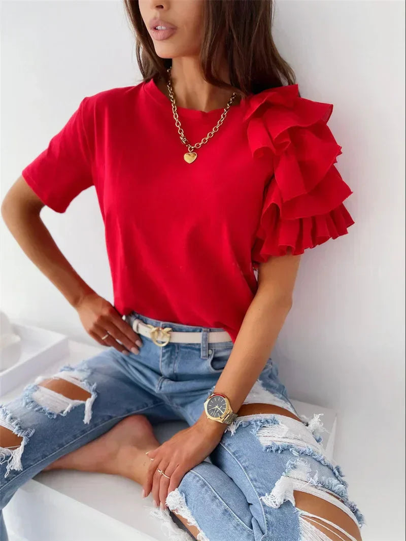 KROHN-E Damen Top Rüschenärmel Asymmetrisch Statement
