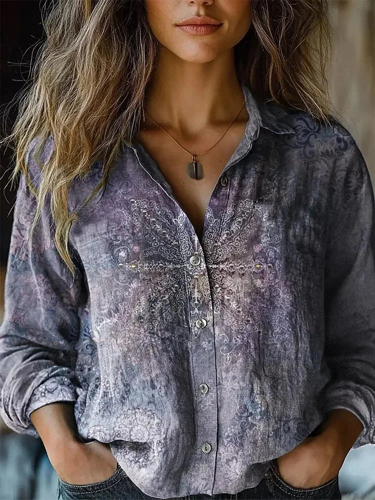 KROHN-E Damen Bluse Langarm Blumenmuster Herbstfarben Knopfleiste