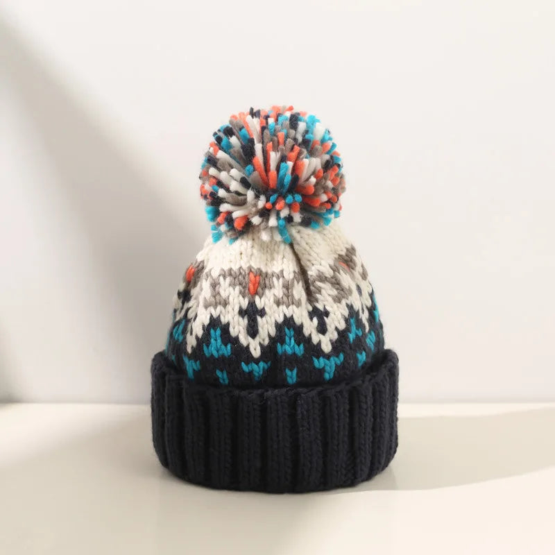 KROHN-E Damen Winter-Mütze Schneeflocken-Muster Strick Bommel