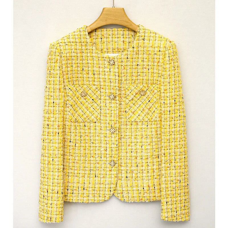 Krohn-e | Gelber, Gewebter Tweed Luxusmantel Kleine Duftjacke