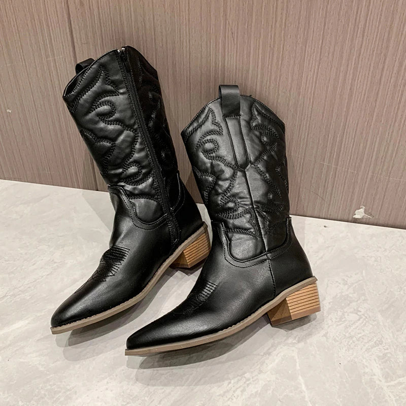 Krohn-e | Retro-Western-Cowboystiefel mit Seitlichem Reißverschluss Mittlerem Schaft Fluoreszierende Spitze Zehen