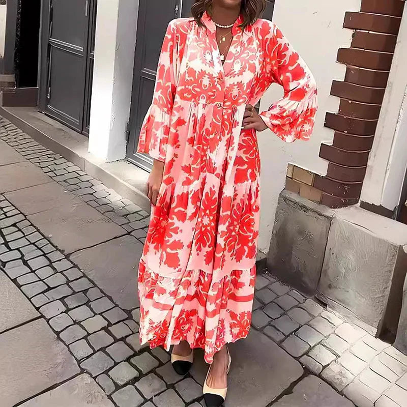 KROHN-E Damen Boho Maxikleid fließend bedruckt Muster lange Ärmel